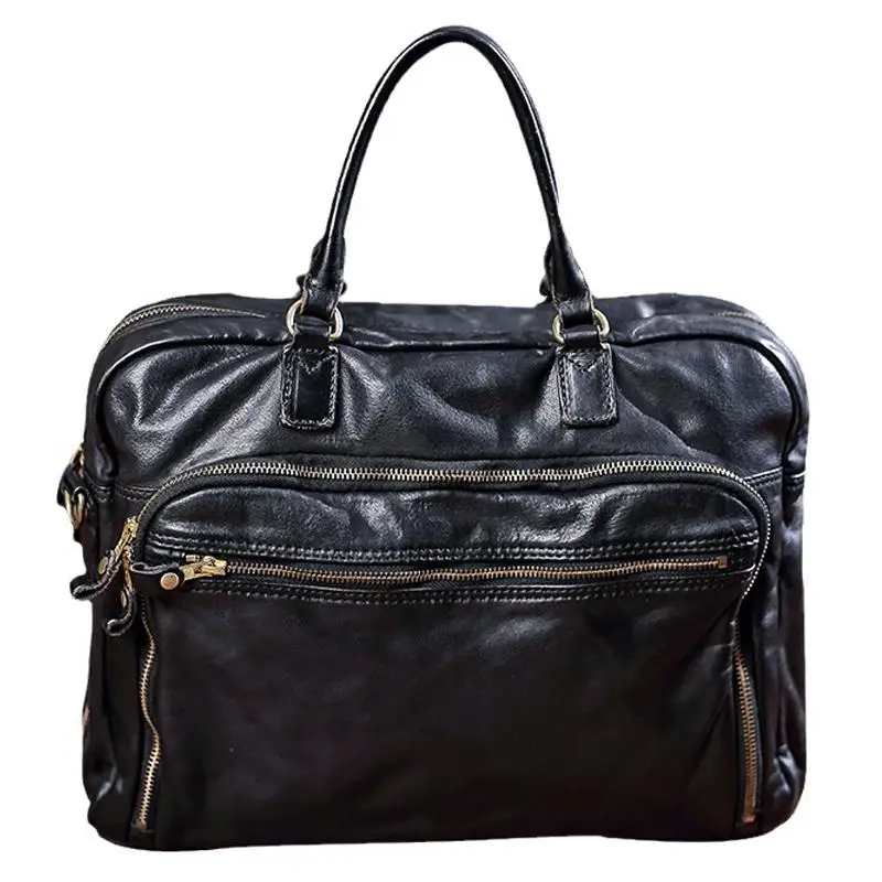 Vintage designer handmade vegetable tanned cowhide men's large briefcase business laptop handbag genuine leather messenger bag.