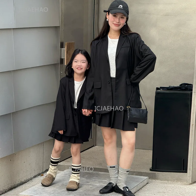 Family Clothing Matching Mother Daughter Blazer Set Korean Style Loose Fit Academic Plaid Skirt Suit Autumn Mom and Girl Outfit