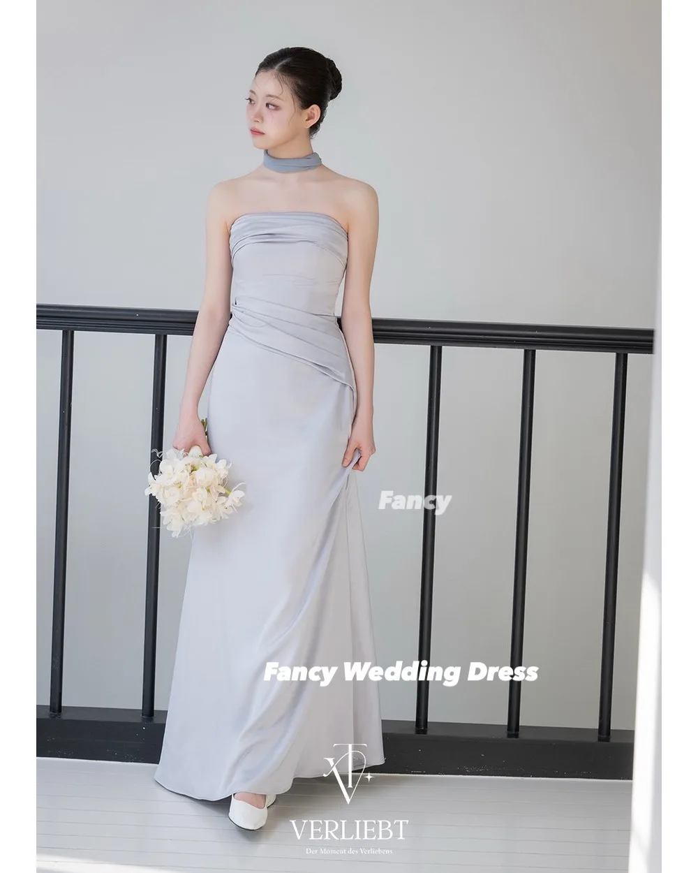 Fancy Elegant Light Blue Korea Wedding Dress Mermaid Strapless Birthday Party Dresses Back Corset Customized