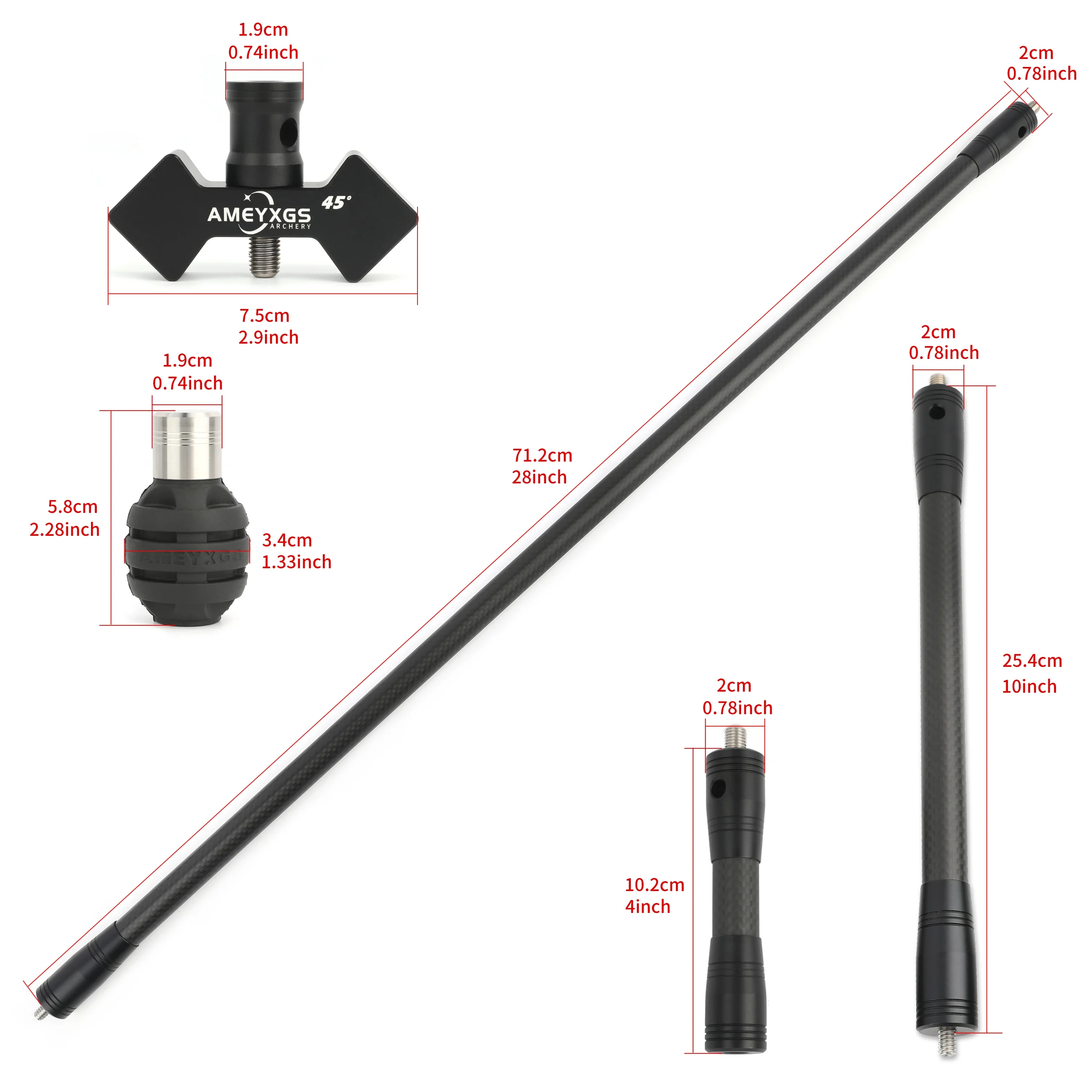 Barre d\'équilibre de tir à l\'arc, fibre de carbone 3K, 30, 28, 12, 10, 5, 4 pouces, 40 °, 45 °, barre en V, système de stabilisateur d\'arc