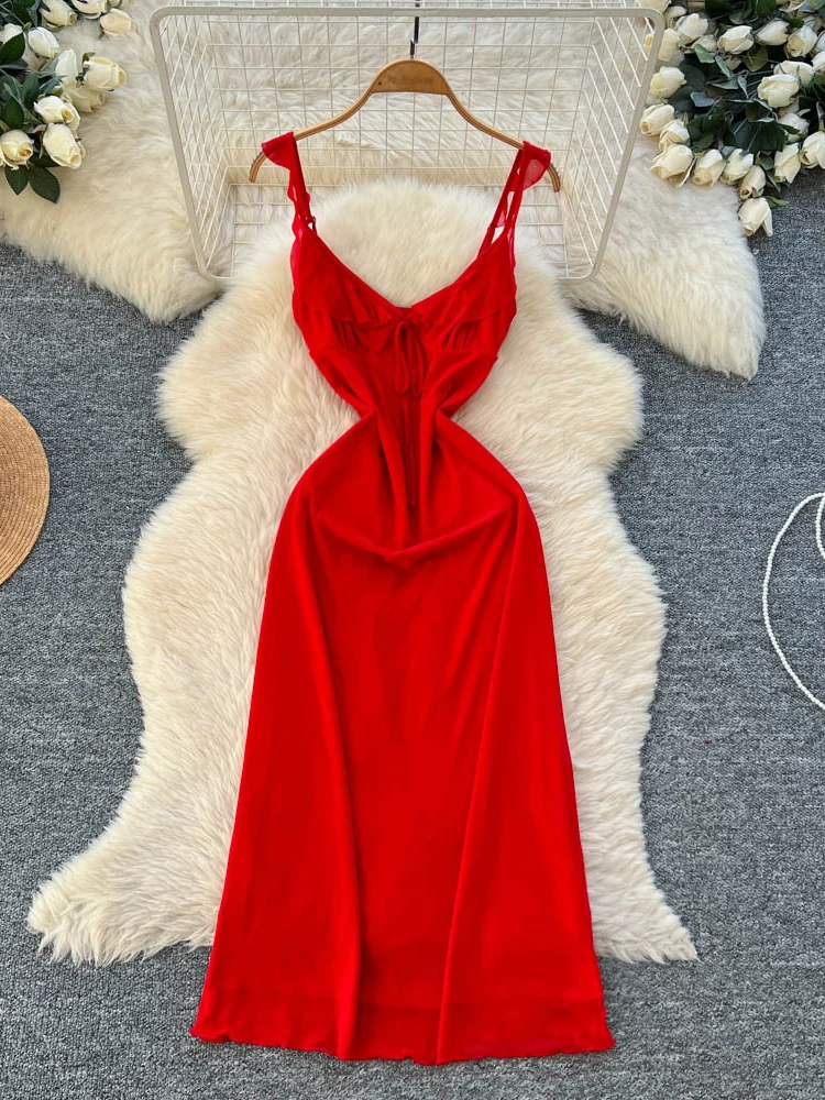 

Pure Desire Red Long Dr Women's ter Ne Splice Me Skirt High Waist A-Line Summer Ci Commute Stand Fit Dr