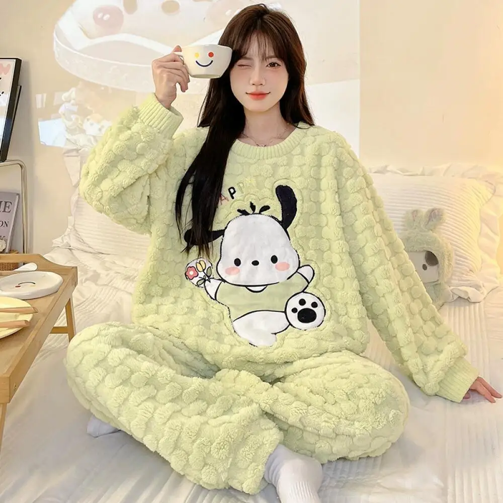

Anime Pochacco Women Winter Warm Homewear Cartoon Pajamas Suit Kuromi Kawaii Sanrio Cute Coral Velvet Girls Thickened Nightwear
