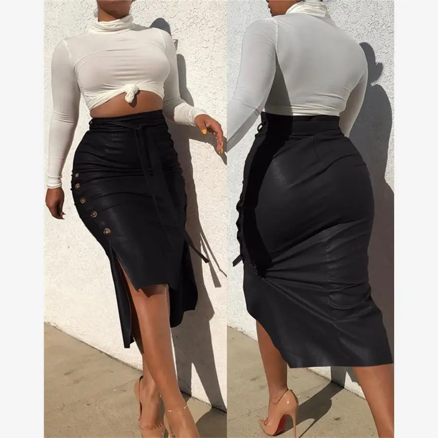 

Autumn Winter PU Leather Skirt Women's Mid-Length Slim-Fit f Skirt Split Design Faionable Ci Walk l Waist Skirt