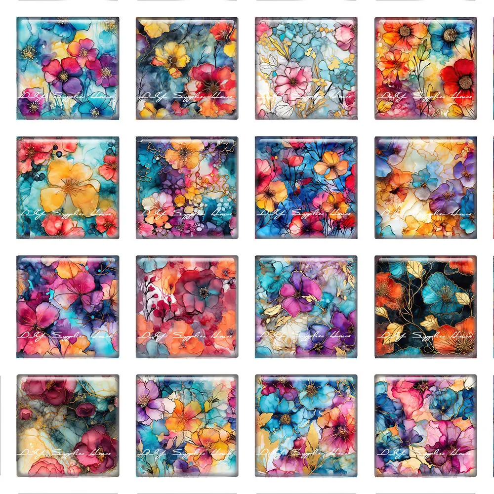 

10pcs/lots Square Photo Glass Cabochon Charms Watercolor Ink Flower Demo Flat Back Cameo For Diy Jewelry Making Accessories