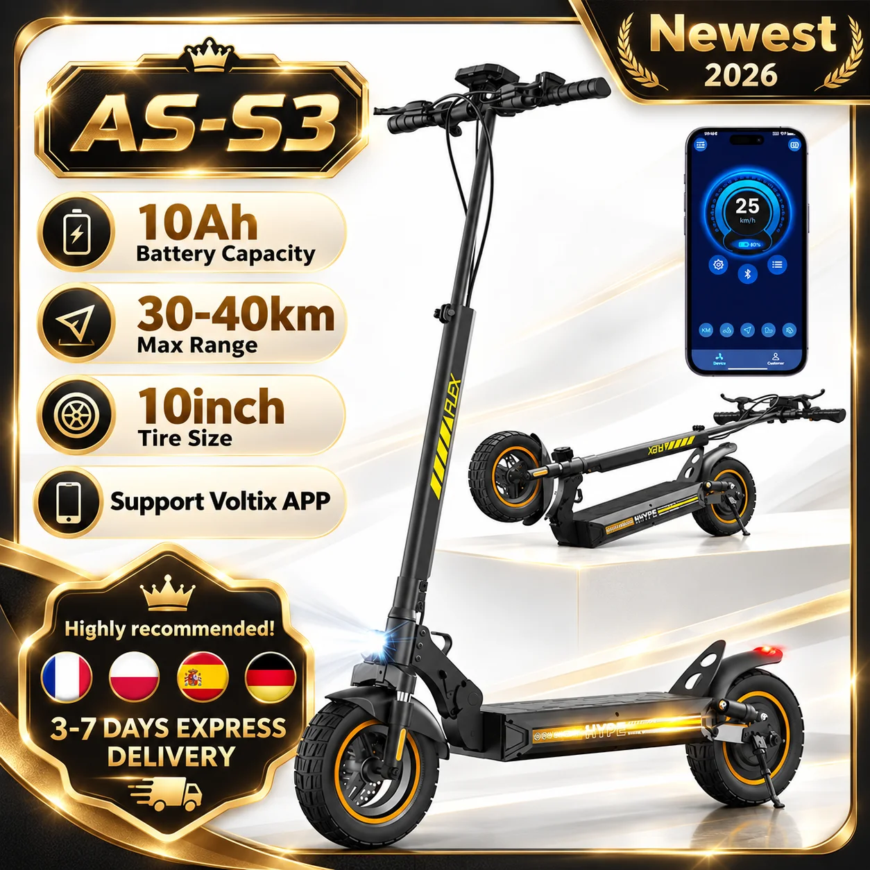 Patinete Eléctrico AS-S3, Patinete Eléctrico con Llantas Todoterreno de 10 Pulgadas, Alcance de 40 KM, Patinete de 10 Ah para Adultos con