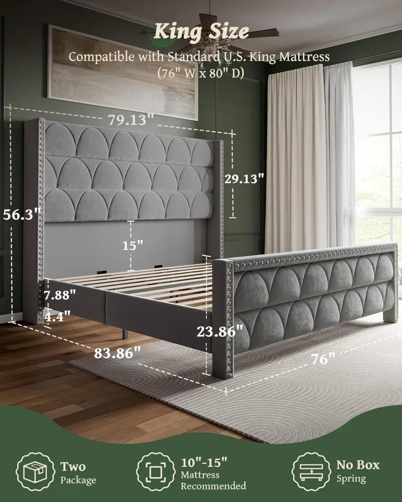 OHOHOLIVE King Size Bed Frame with 56" Headboard - Velvet Upholstered Wingback Platform Bed Frame,Noise Free,Sturdy Wooden Slat image 2
