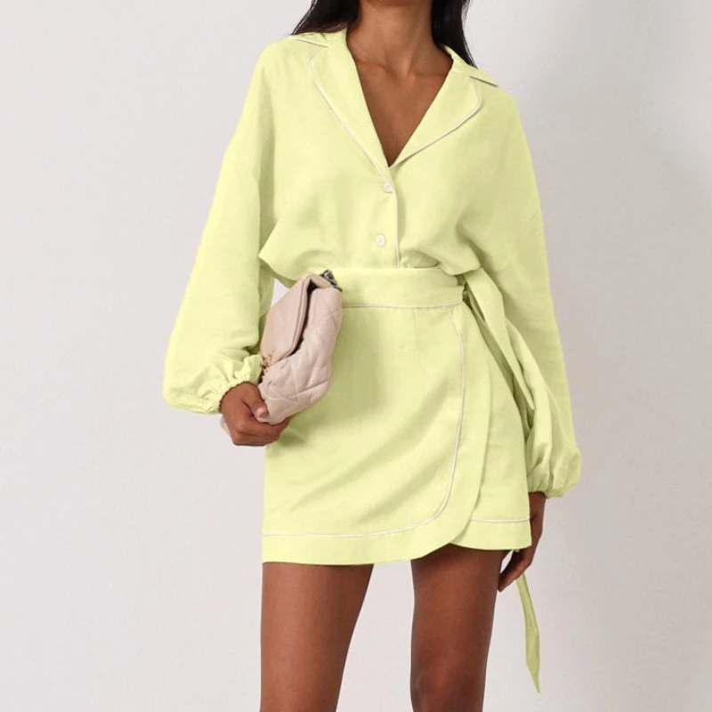 Fashion Loose Yellow Cotton Women's Two Pieces Set 2026 Elegant Long Sleeve Shirt With High Waist Mini Skirt Set Female