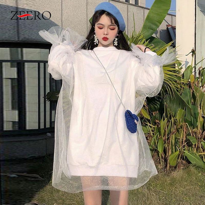 

Hoodies Women Mesh Patchwork Korean Elegant Autumn Students Sweet Lolita Ulzzang Female Clothing Sweatshirt Dress 2XL