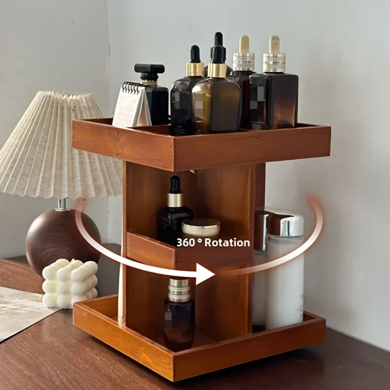 Rotating Makeup Organizer, Wooden Skincare & Cosmetic Storage Rack, Countertop Multi-Layer Vanity Tray, Beauty Product Holder