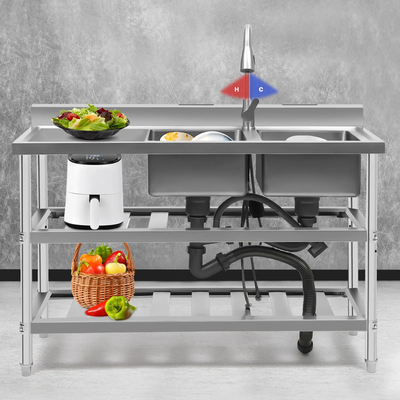 مطعم تجاري بالوعة المطبخ فائدة بالوعة الفولاذ المقاوم للصدأ وعاء مزدوج بالوعة الساخن + الباردة سحب التدريجي صنبور زر التحكم في التدفق #1