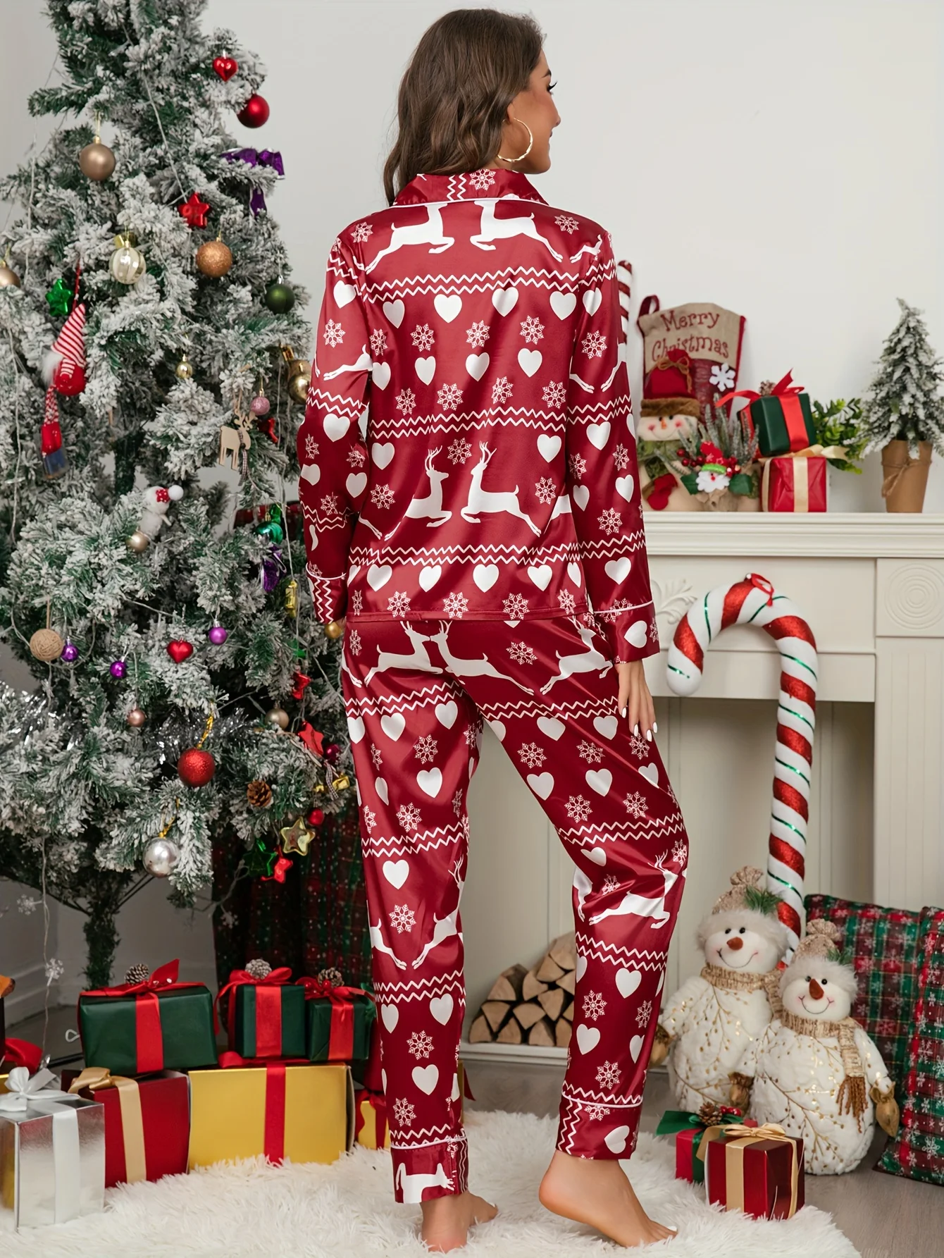 Christmas Deer & Heart Print Pajama Set, Long Sleeve Button Up Top & Elastic Waistband Pants, Women\'s Sleepwear & Loungewear