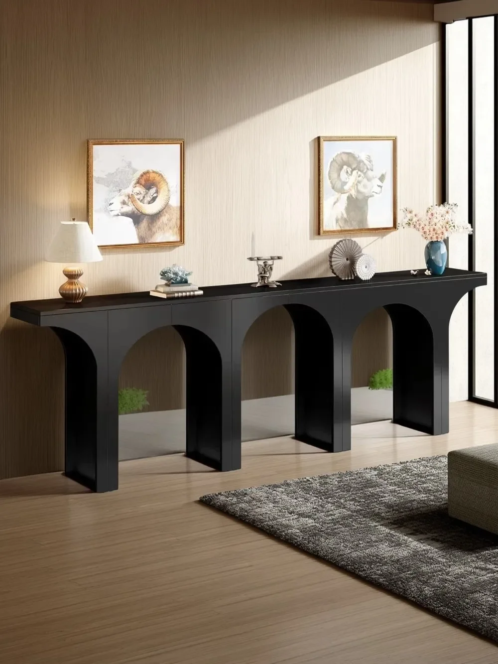 

Modern Black Console Table - 94-Inch Entryway & Sofa Table with Arched Base for Narrow Hallways