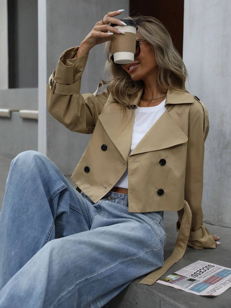 Spring Autumn Coat Women Bomber Jacket Lapel Double Breasted Blouse Cropped Jacket Casual Lace-up Design Chic Outerwear Lady New