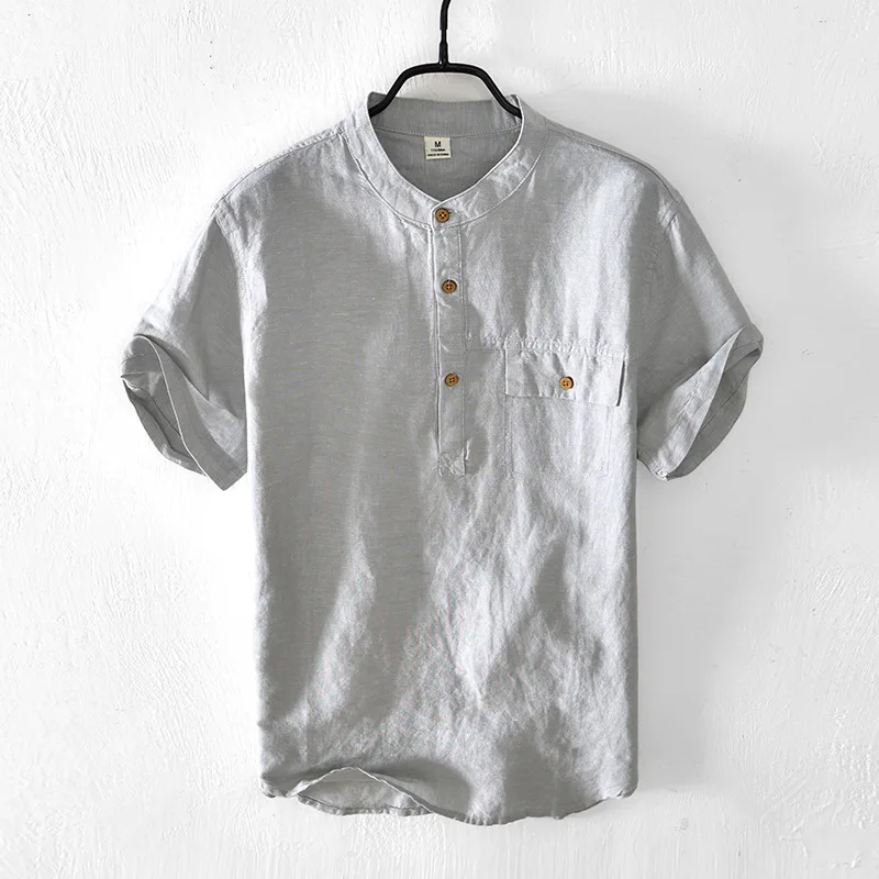 Linen Shirts For Men Cotton Solid Color Short Sleeve Tee Shirt Buttons Blusa Tops Men Camisa De Hombre Masculina Men's Clothing