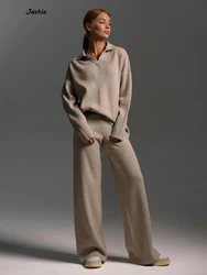 Solid Color Knitting Pullover+Wide Leg Pants Sets Fashion Loose Sweater Two Piece Set For Women Autumn Winter Knitwear Home Suit