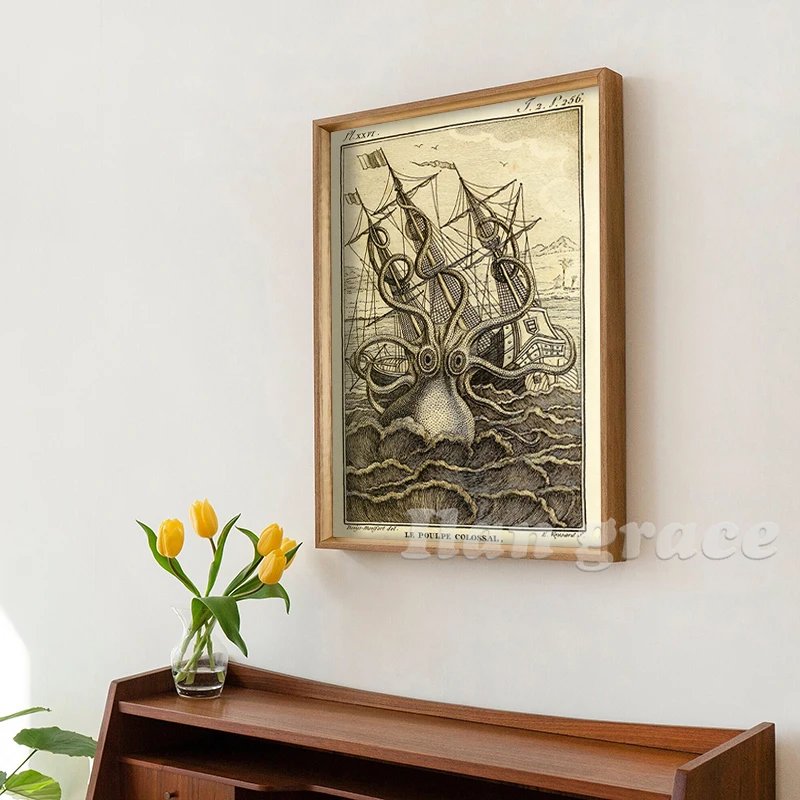 ديكور حائط أخطبوط كلاسيكي ، ملصق حمام مطبخ قديم ، فن منزل شاطئ البحيرة ، لوحة قماشية لديكور الغرفة القوطية ، 1 *