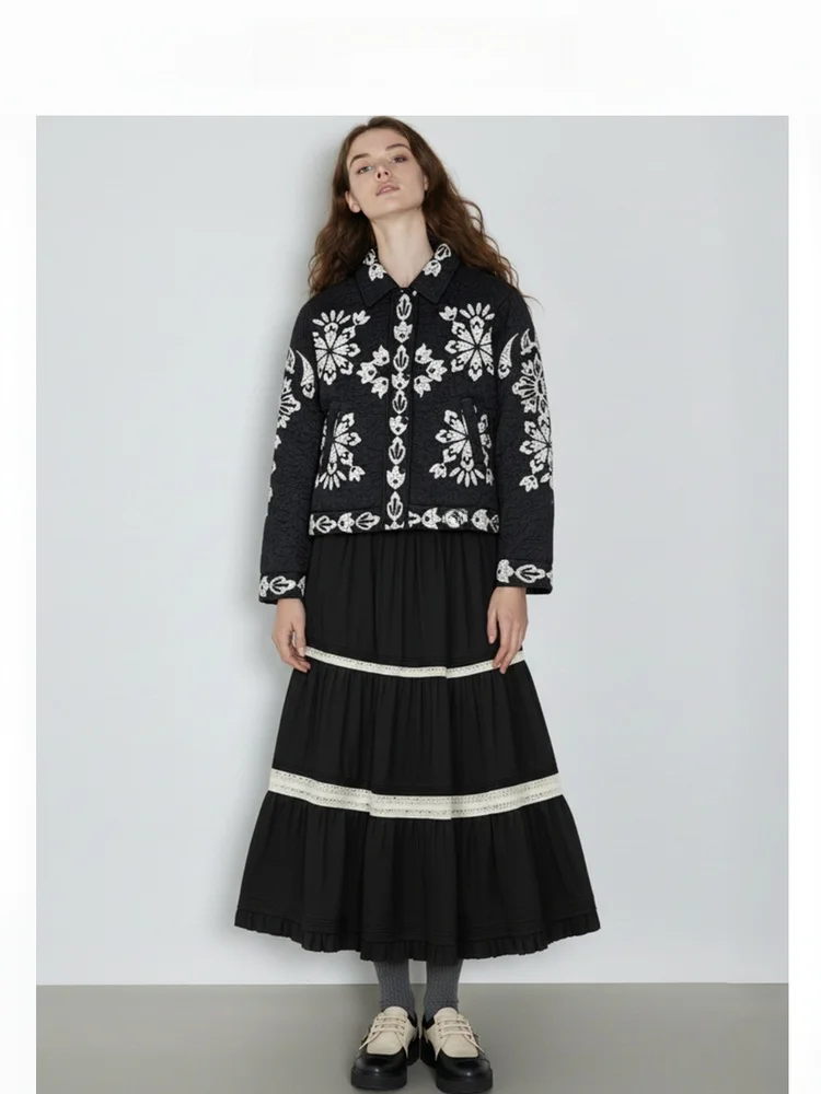 

Ретро-этническая стеганая хлопковая куртка свободного кроя для женщин, удлиненная, с вышивкой и контрастной строчкой, хлопковая верхняя одежда