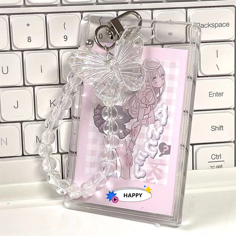 Fashion Crystal Butterfly Card Holder Sleeve Vertical Card Case Storage Transparent Card Cover Key Chain Card Sleeve Pendant