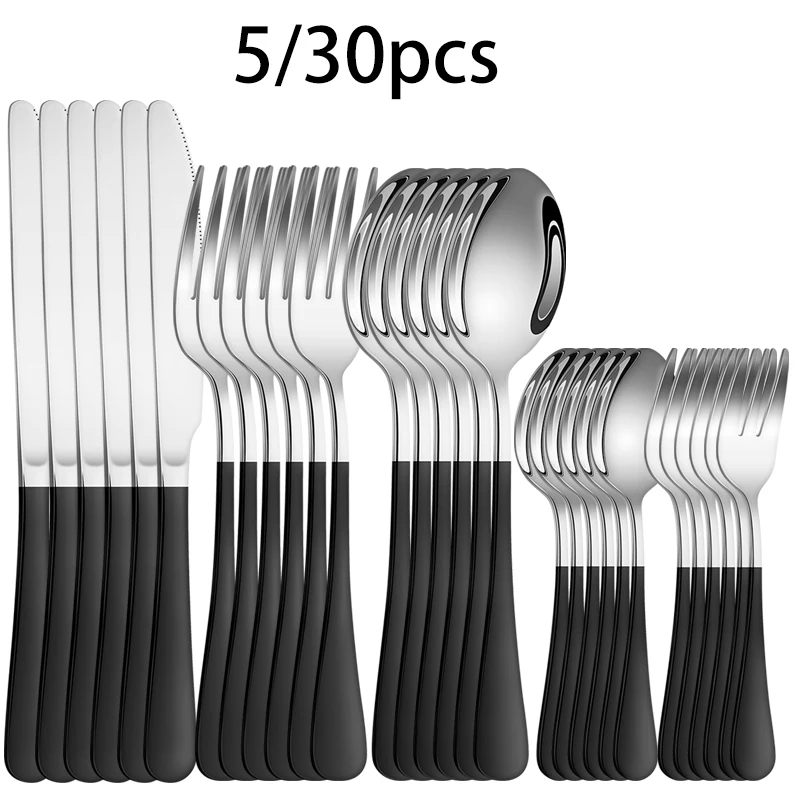 5/30pcs Stainless Steel 1010 Cutlery Set with Silver Black Handle, including Knife, Spoon and Fork, Suitable for Daily Meals.