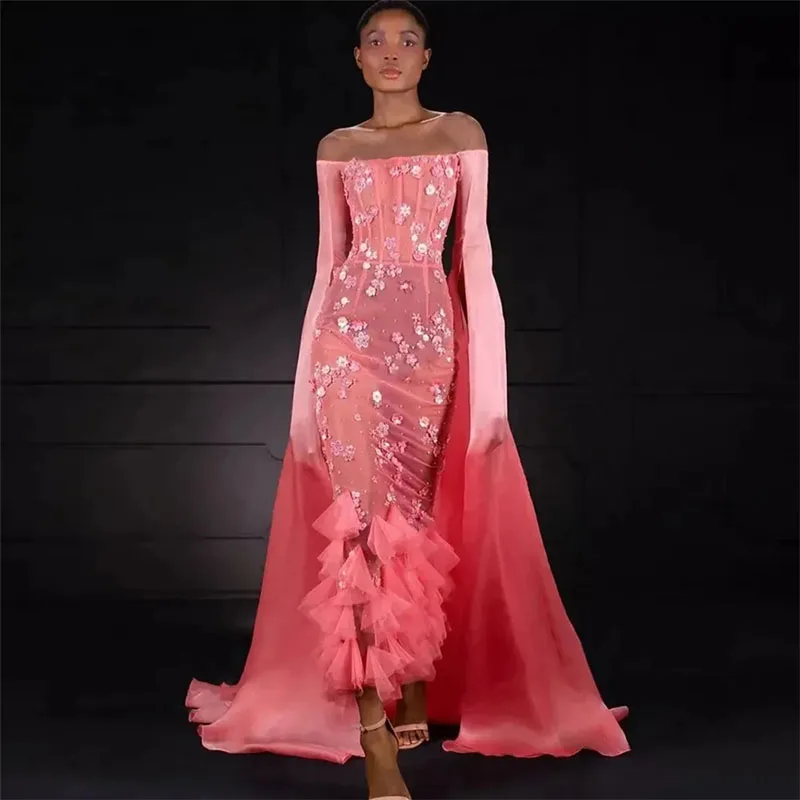 

Pink Applique Evening Dresses Strapless Slit Sleeve Formal Evening Gown Ankle Length Illusion Womens Special Occasion Dress