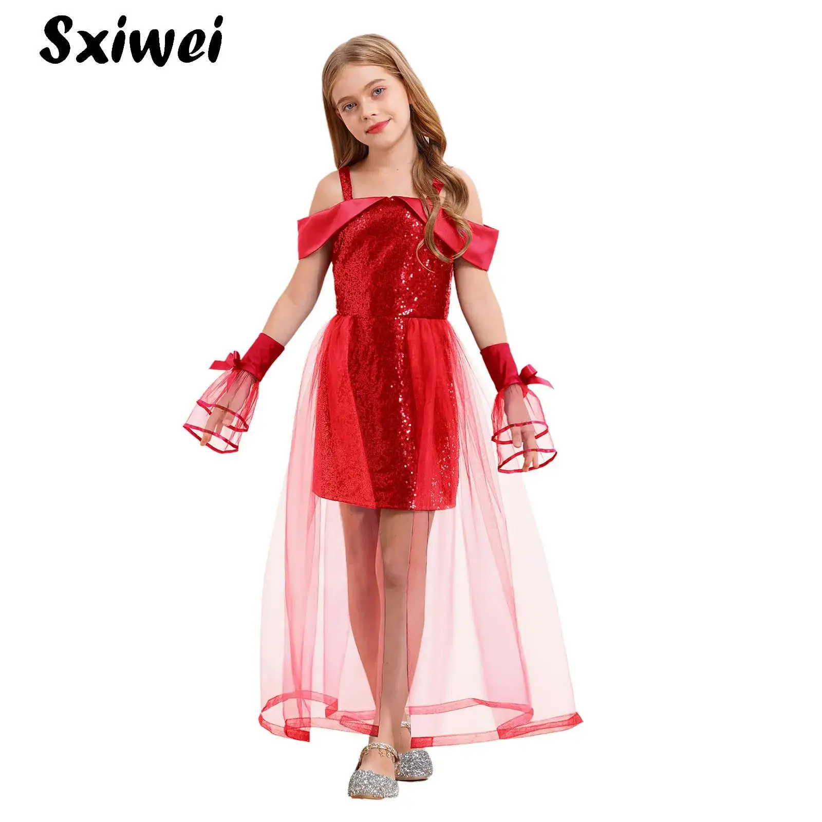 

Girls Off The Shoulder Dresses Elegant Sequins A-Line Tulle Princess Dress for Christmas Birthday Party Wedding Bridesmaid