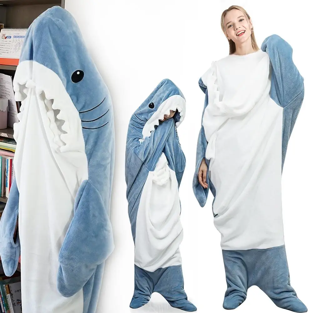 New Shark Blanket For Adult Winter Warm Blanket Hooded Playsuit Onesie Funny Sleeping Bag For Slumber Party Wearable