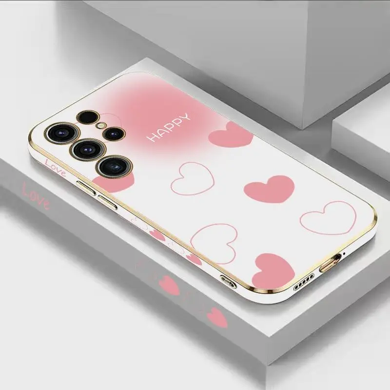 Pink Heart Luxury Plating Phone Case For Samsung Galaxy S23 S22 S21 S10 S9 S8 Plus Note 20 ultra 10 Plus Cover