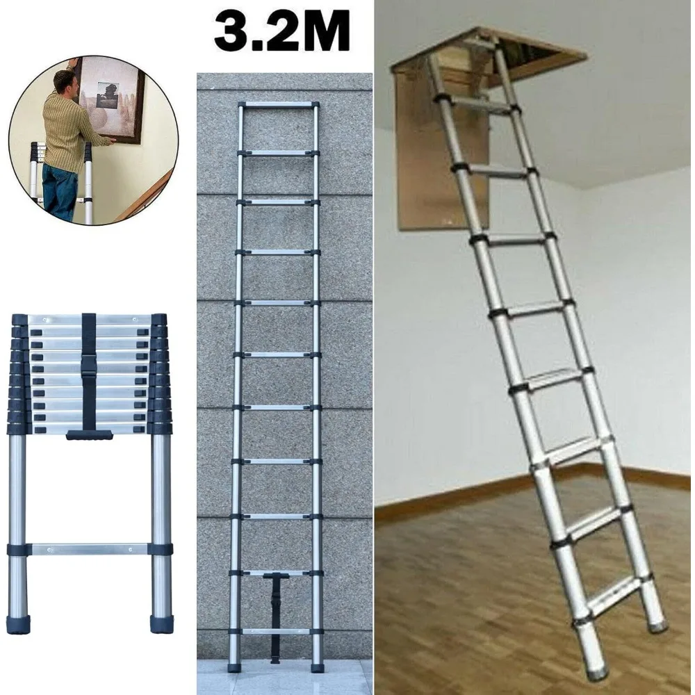Stainless Steel Telescoping Extension Ladder - 10 Feet, 330 lbs Capacity, Collapsible for Home Use, Multi-Purpose Utility Ladder