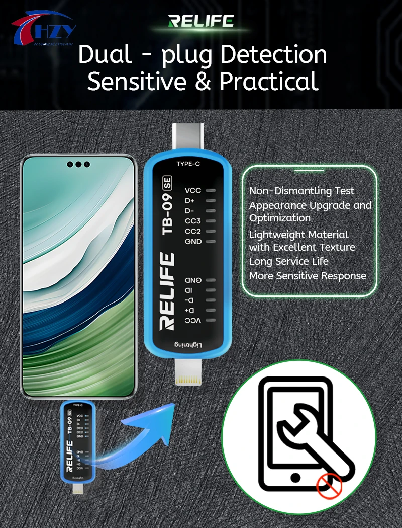 

RELIFE TB-09 SE тестер порта зарядки мобильного телефона молния и интерфейс типа C двойной разъем инструмент для автоматического обнаружения неисправностей и ремонта