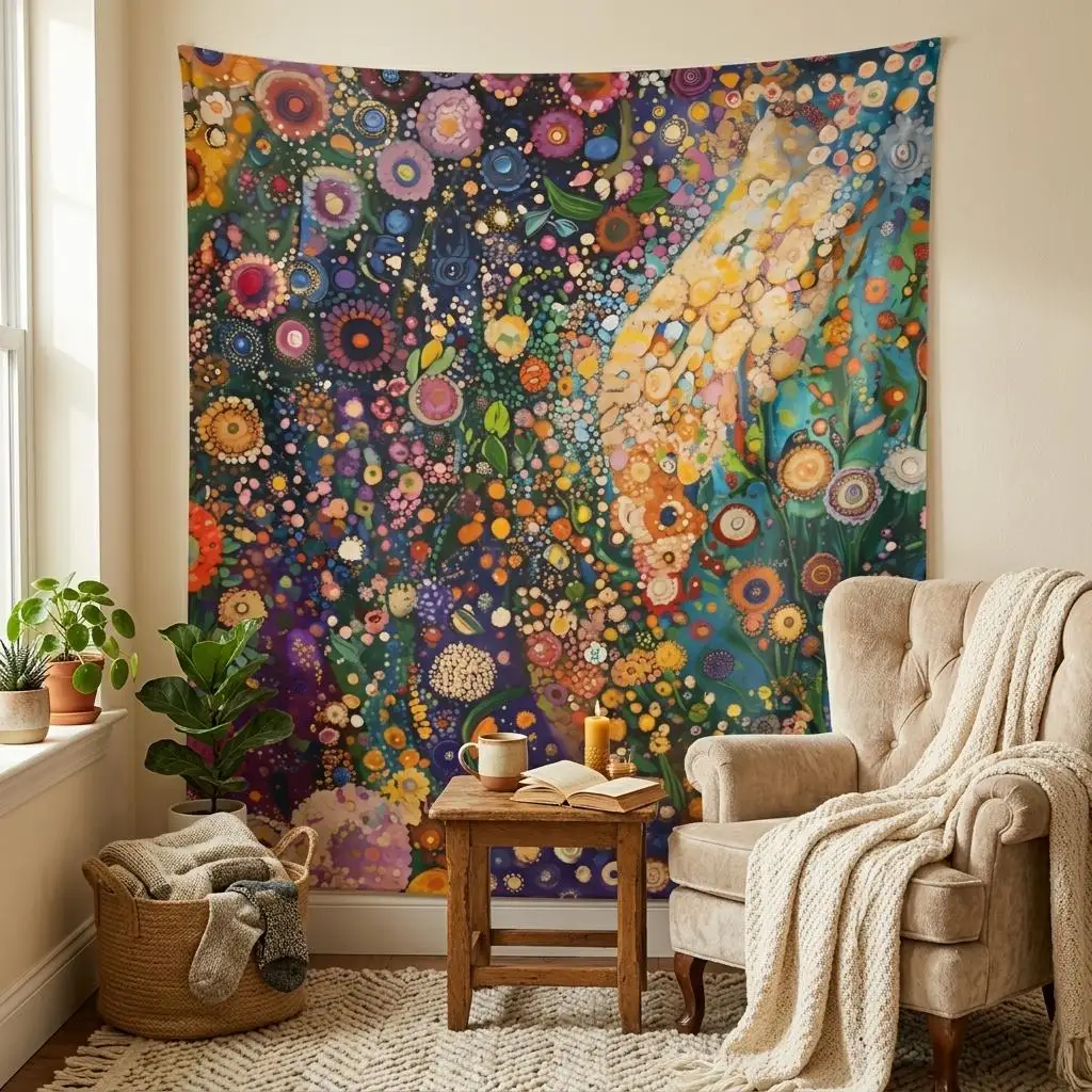 1pc Klimt Style Colorful Wildflower Garden Tapestry, Gustav Klimt Abstract Floral Dot Wall Hanging, Multiple Sizes, Polyester 2D