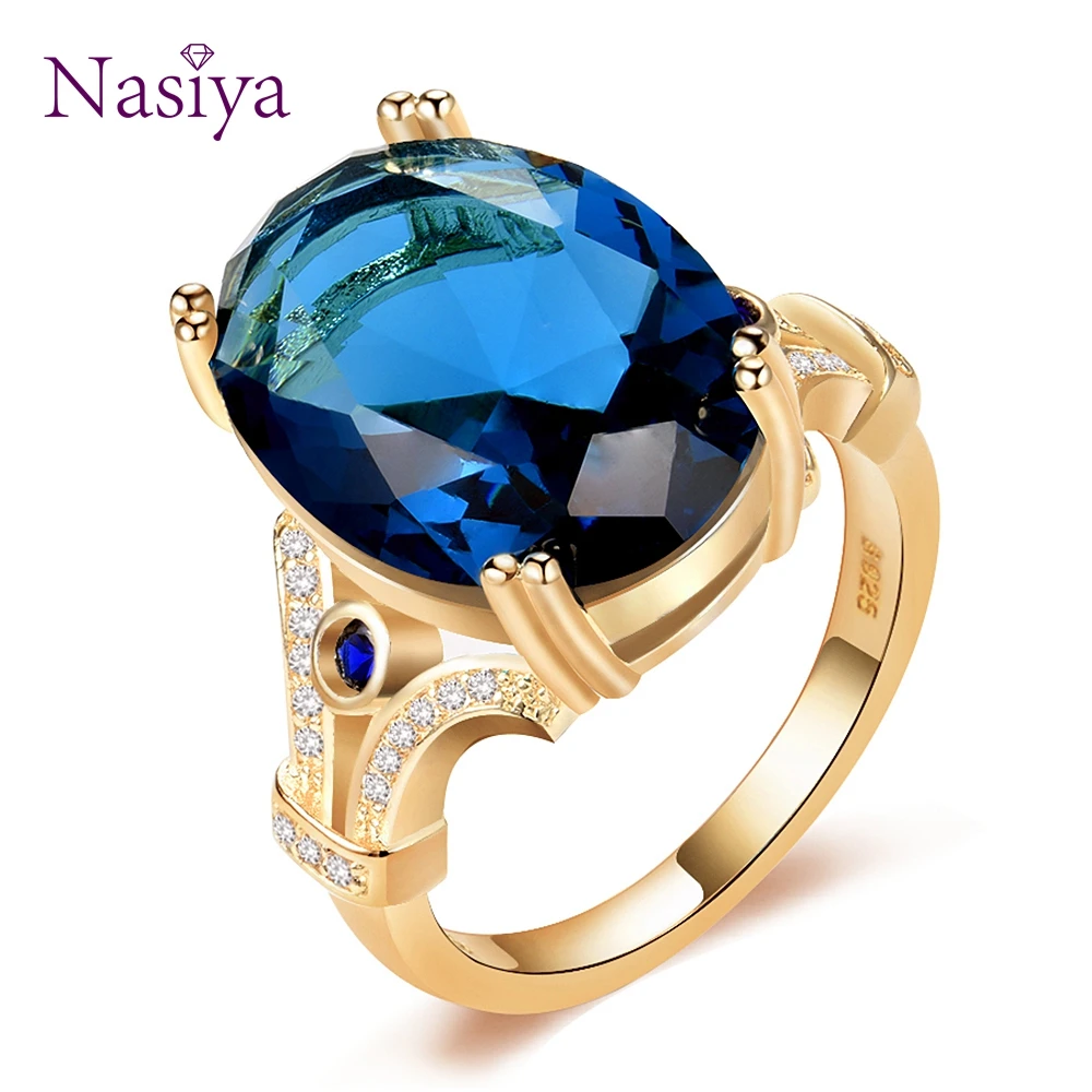 Nasiya New Design Original Finger Ring Golden Color Rings With 13x18MM Big Aquamarine Stones Fashion Jewelry Ring Wholesale