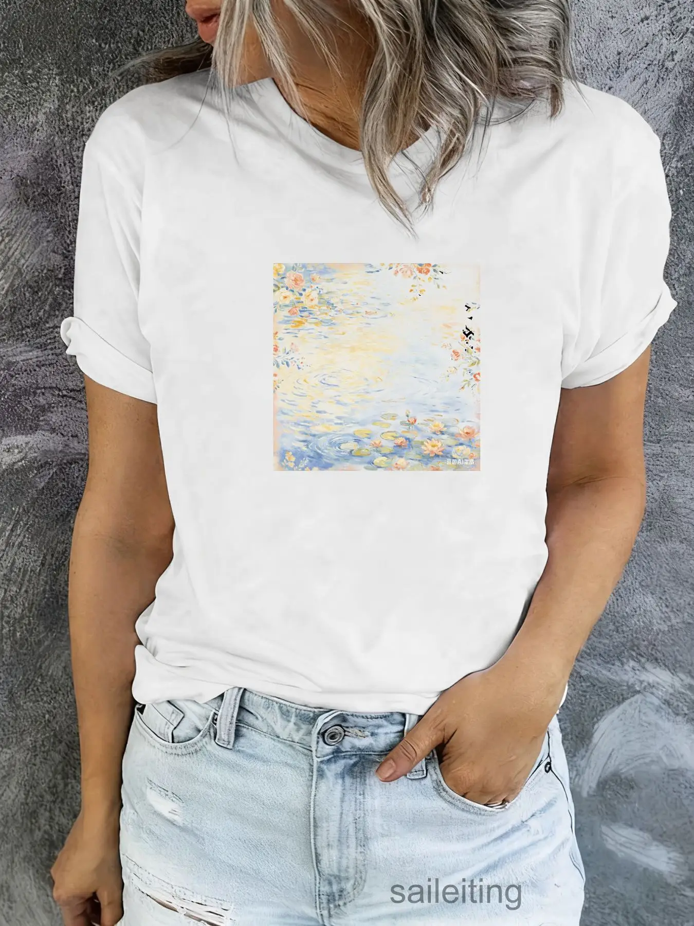 Water Lilies Monet Style Art Print T-Shirt Women Men Casual Short Sleeve Crew Neck Soft Summer Breathable Tee - Serene Impres