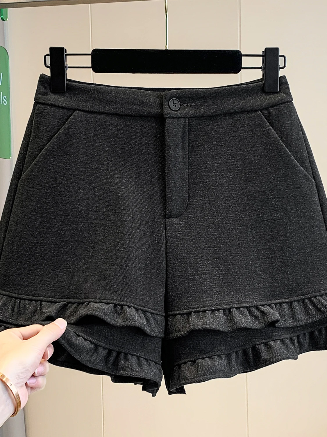 High Waist Wide Leg Suit Pants for Women with Wooden  Hem Tweed Material plus Size Outerwear Bootcut Black Color