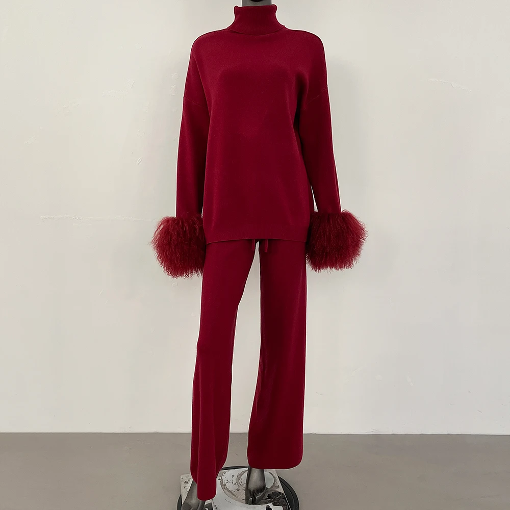 محبوك دعوى المرأة سترة مجموعة مع الأصفاد فرو الأغنام المنغولية الحقيقية عالية الجودة الصوف ومزيج بلوفر مغزول وسراويل 2025