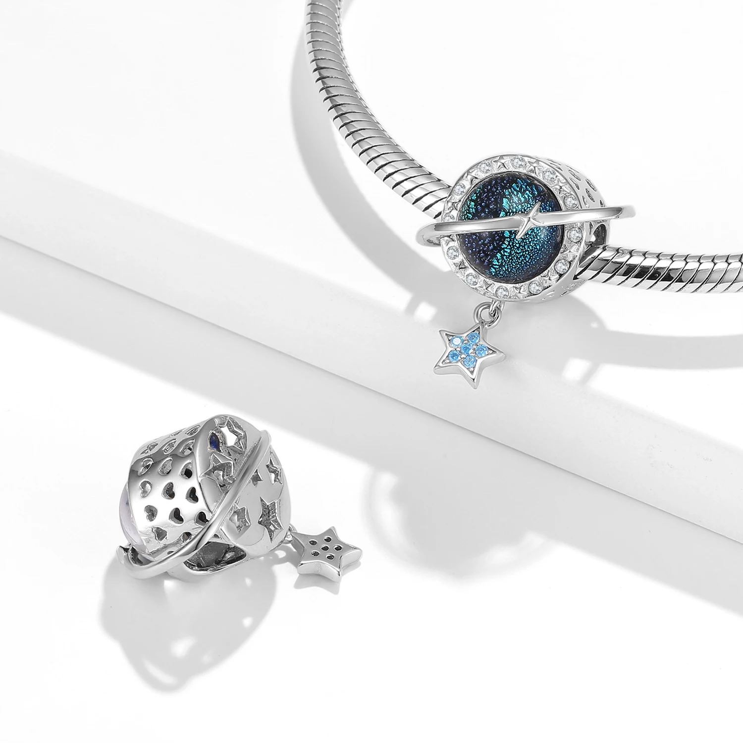 925 Sterling Silver Light Luxury Blue Zircon Sparkling Planet Dream Charm Bead Fit Original Bracelet Diy Jewelry Accessories