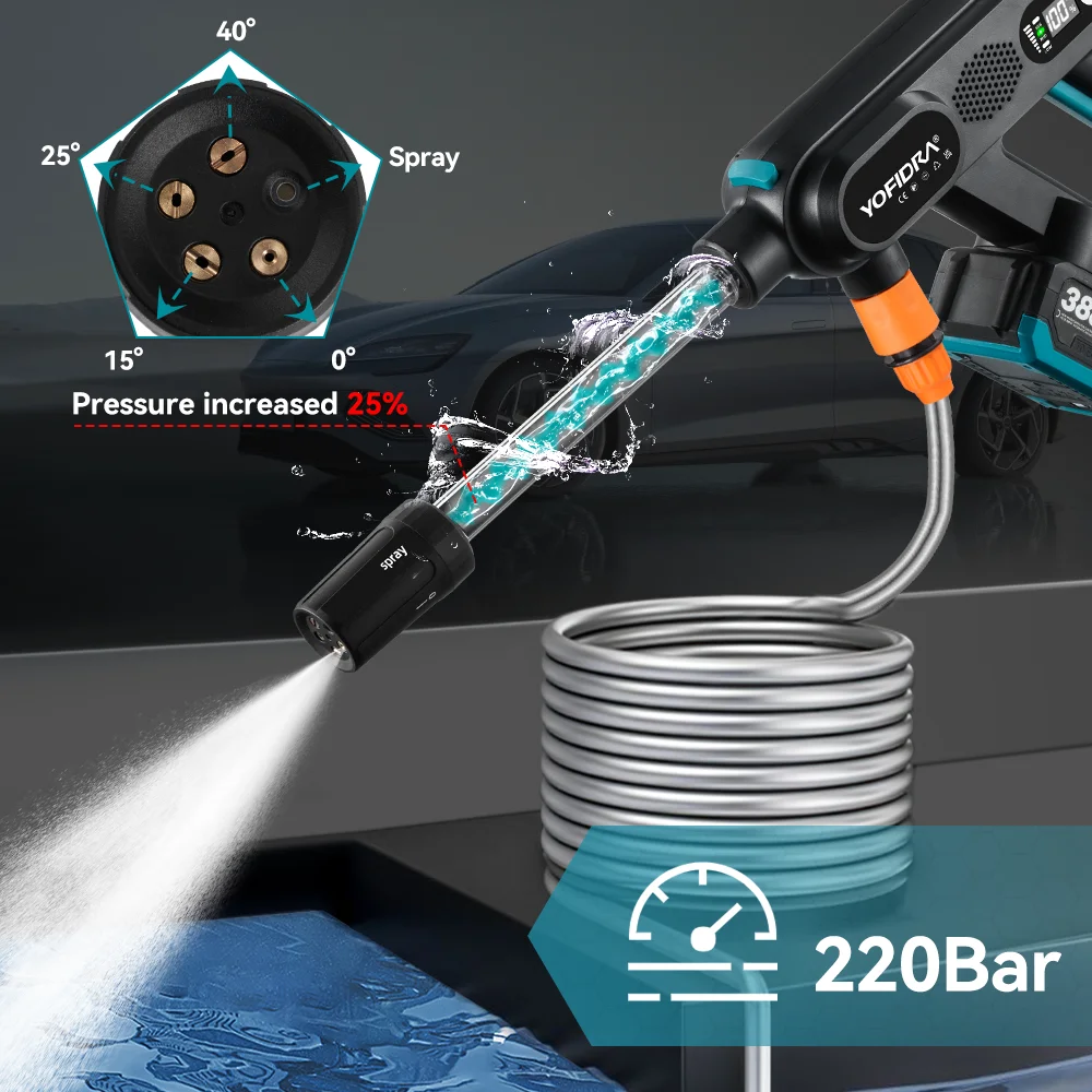 5IN1 Brushless Electric High Pressure Car Washer Gun 220Bar Cordless Washing Water Spray Gun For 18V Battery Pin