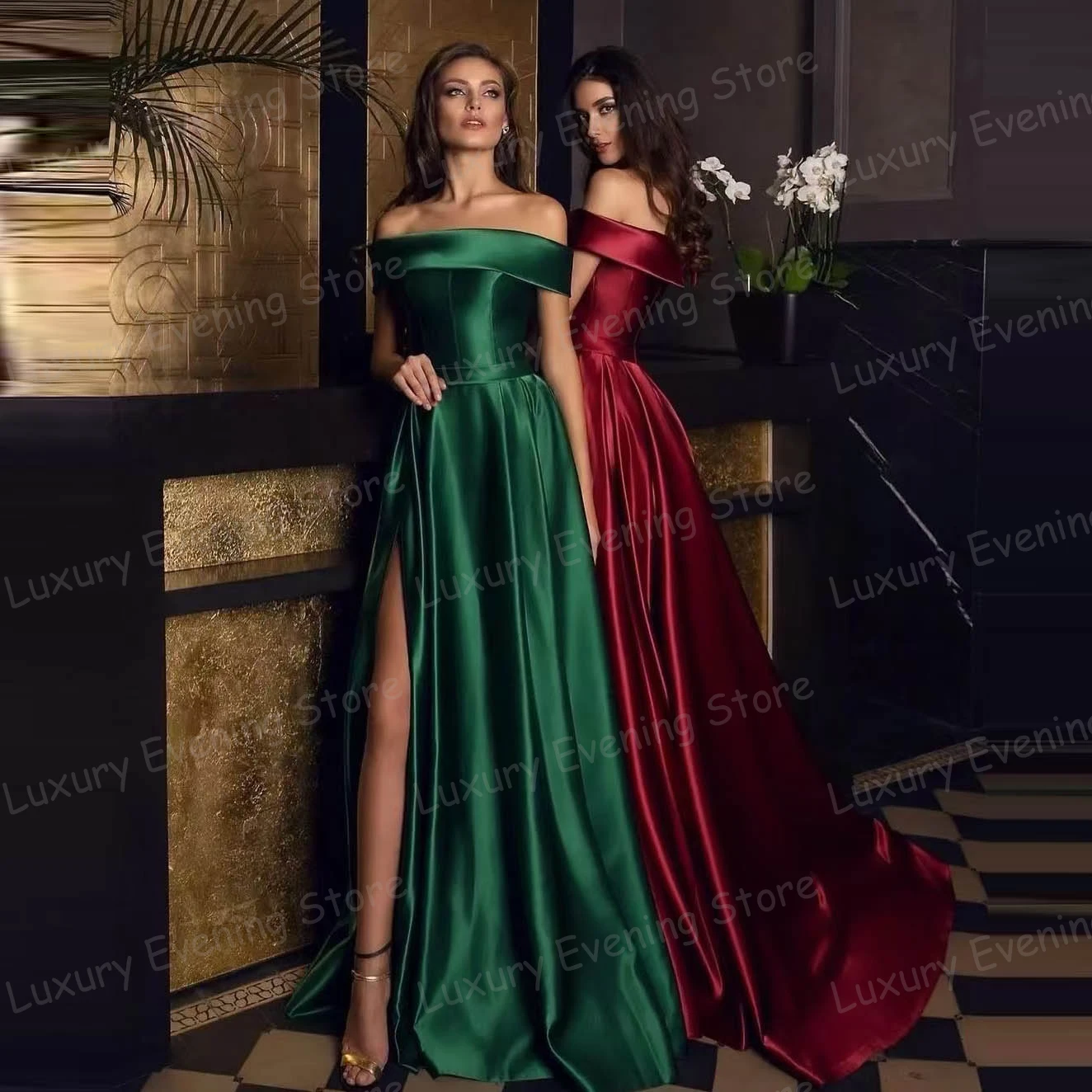 ชุดราตรีนางเงือกแขนกุดเปิดไหล่สำหรับผู้หญิงชุดงานพรอมผ้าซาตินอัดพลีทเปิดไหล่แฟชั่นสำหรับงานปาร์ตี้