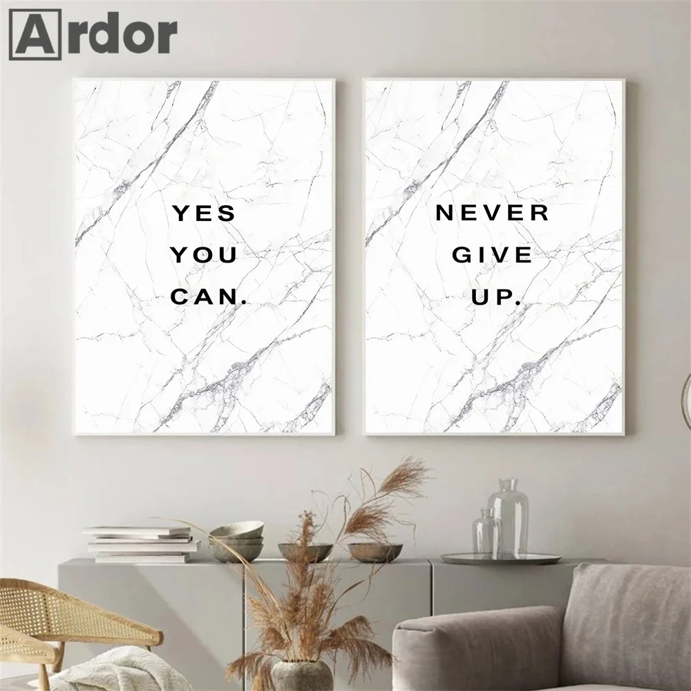 Minimalist Black White Marbling Motivational Quotes Yes You Can Never Give Up Wall Art Canvas Poster And Print Modern Home Decor