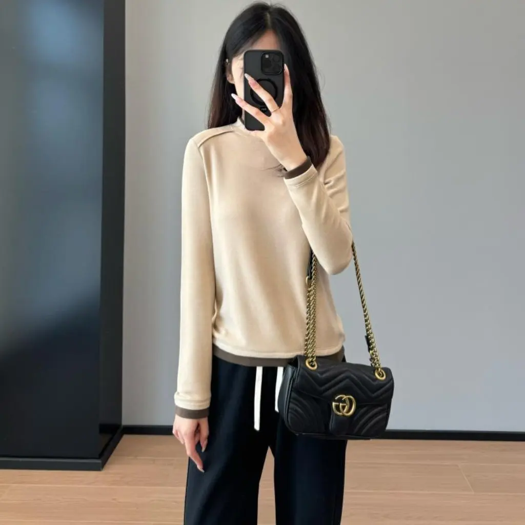 

Comfortable High Elastic Padded T-Shirt Unique Foreign Style Fold Wear Single Wear Semi-High Collar Sanding Base Shirt F103117
