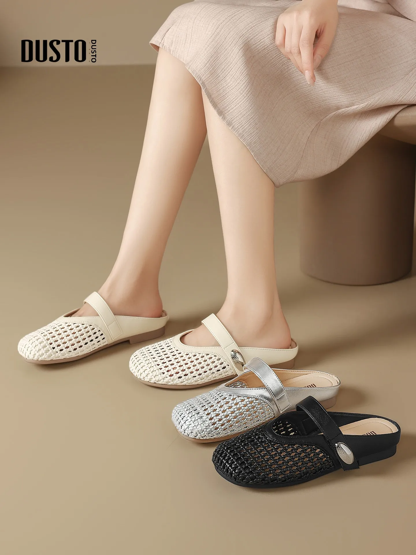 dusto-woven-hollow-out-slip-on-women's-shoes-breathable-casual-mules-flat-bottom-summer-2026-fashion-single-fashion-sandals