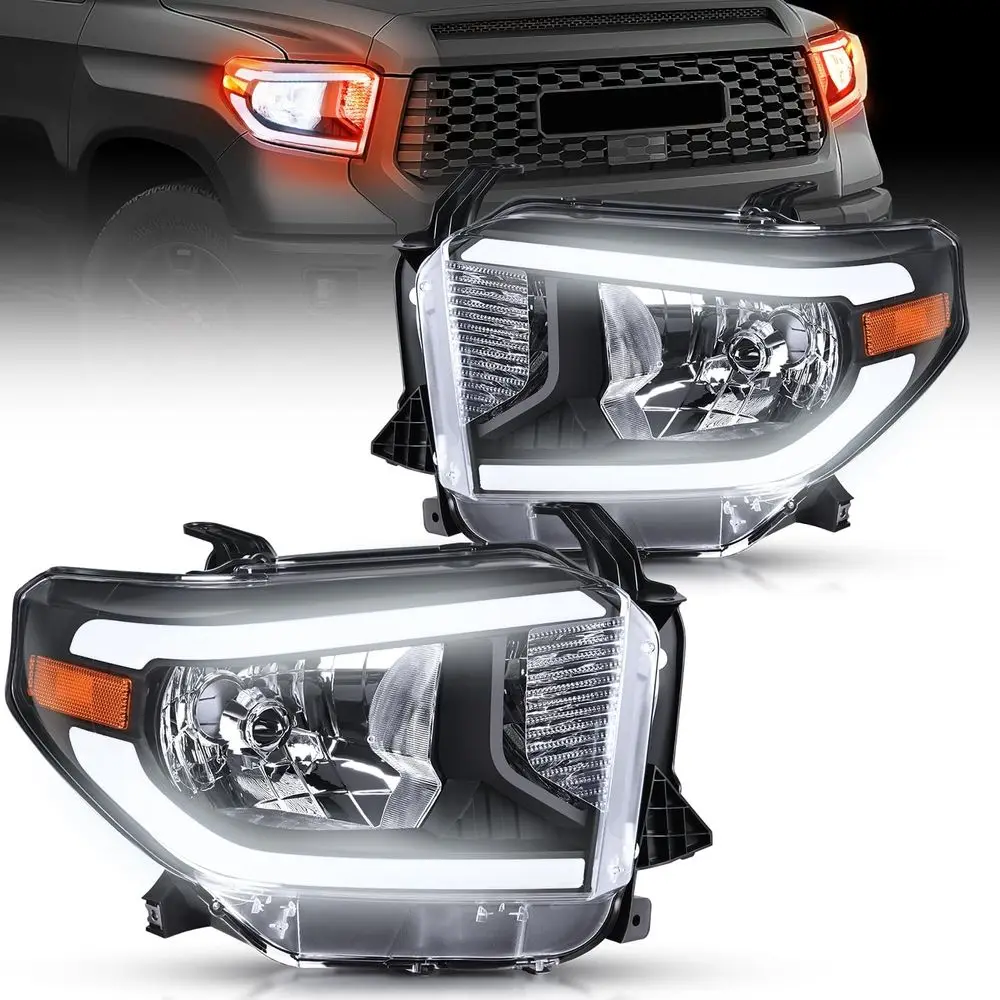

LED DRL Headlight Assembly Compatible with 2014 2015 2016 2017 2018 2019 2020 2021 Toyota Tundra Clean Lens Black Housing Amber