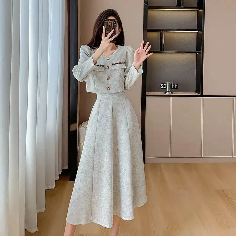 Suit Small Fragrance Single Breasted Short Coat+High Waist Mid Length Skirt Ladies Suit Korean New Autumn Fashion Two Piece Set