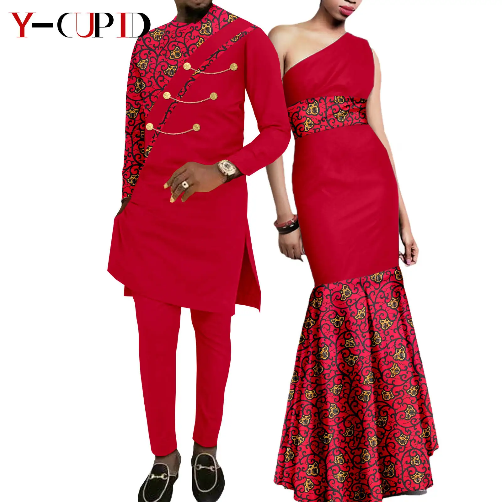 

African Print Long Dresses for Women Matching Men Outfits Dashiki Patchwork Gold Color Chain Top and Pants Bazin Riche Y23C013