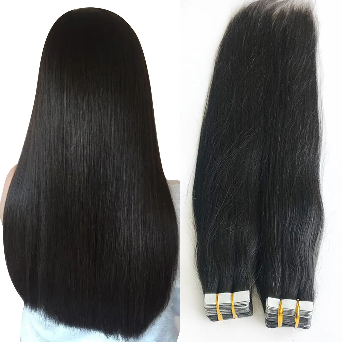 26 Inch Straight Tape In Hair Extensions 20pcs/50g Seamless Tape ins Adhesive Invisible Glue Remy 100% Human Hair Natural Black