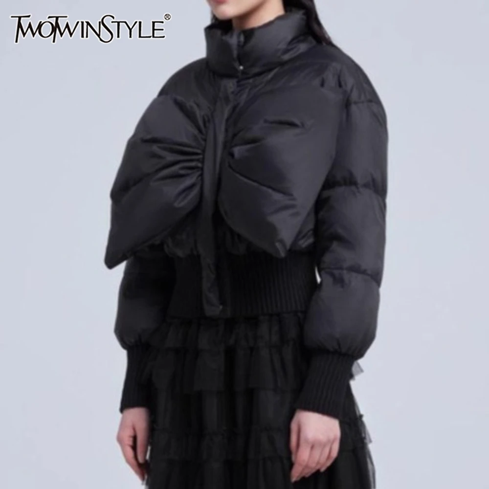 

TWOTWINSTYLE Solid Spliced Bow Streetwear Jacket Female Stand Collar Long Sleeve Loose Korean Vintage Women's Jackets Autumn New
