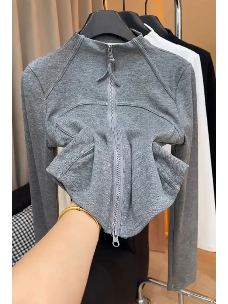 

ay European Sle Stand Collar Double Zipper oulder Outerwear for Women Spring Autumn Slimming Versatile Fibone Top