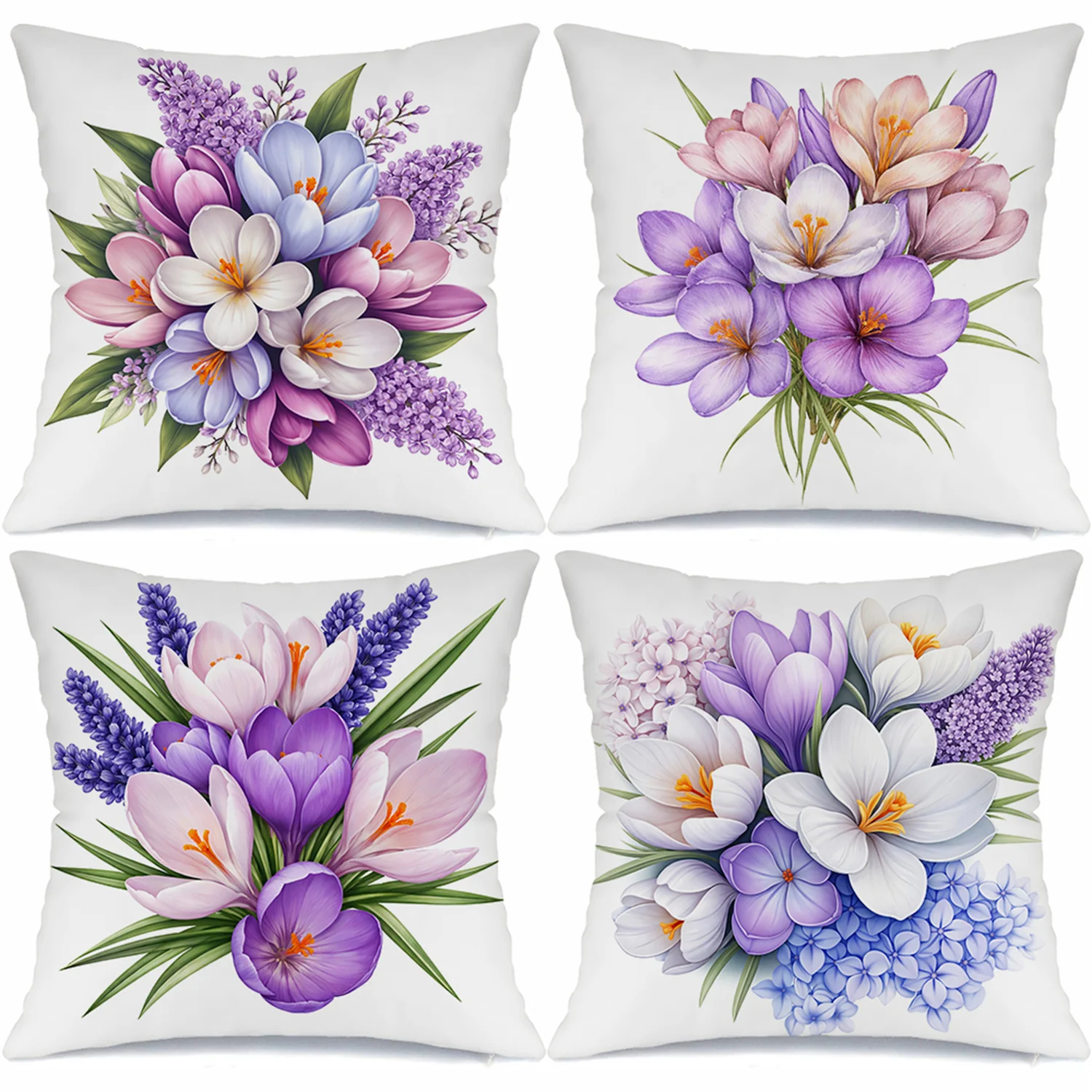 4pcs Floral lilac bouquet digital printing pillow cover Short plush Suitable living rooms bedrooms sofas throw cushion cover