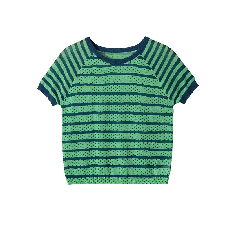 

Summer Women's Striped Knitted T-shirt Tops 2026 New Fashion Short Sleeved Round Neck Pullover Sweater Short Women's Sweater