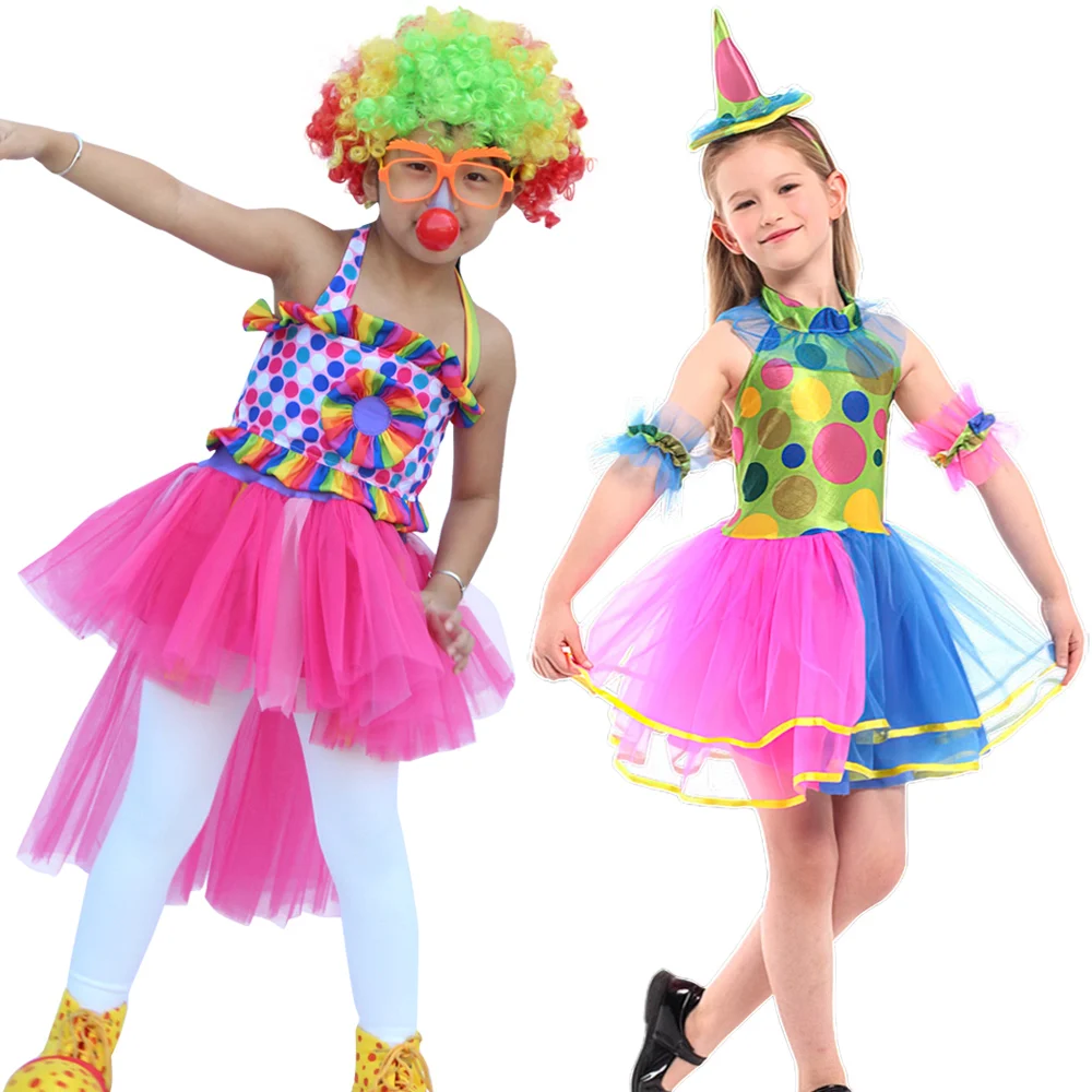 Kids Clown Costume Funny Cute Costume Hat Girls Dress Up Games Party Clothes Halloween Christmas Party Polka Dot Stripes