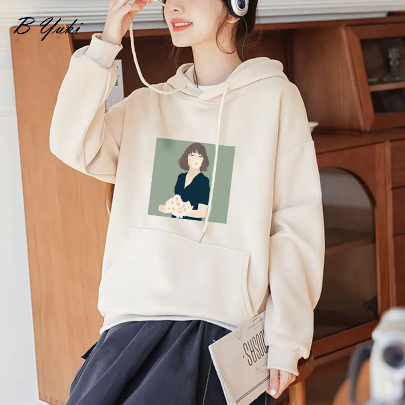 Blessyuki Herfst Elegante Losse Katoenen Sweatshirt Vrouwen Warm Gedrukt Lange Mouwen Truien Vrouwelijke Casual Fleece All-Match Hoodies